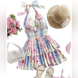 SHEIN multi-color patchwork retro-floral country style sun dress.